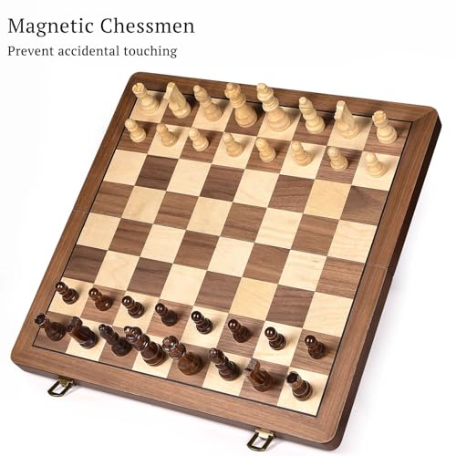 ELONGDI 15" Wooden Chess Set with Magnetic Pieces - Extra Queens - Folding Chessboard Portable Travel Tournament Chess Board Games for Adults Kids