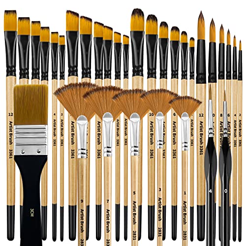 Bougimal 32 Pieces Paint Brush Set, Artist Series, Nylon Bristles with Round, Filbert, Flat, Fan, Angle, Detail Brush, Suitable for Artists and Beginners for Acrylic Painting, Oil, Watercolor, Gouache