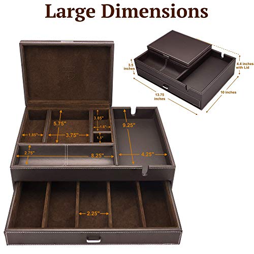 Mens Watch Box Leather Valet Tray - Bedside Table Organizer, Men's Jewelry Box, Watch Case for Men with Large Smartphone Charging Station - Jewelry Box for Men with Valet Box and Nightstand Organizer