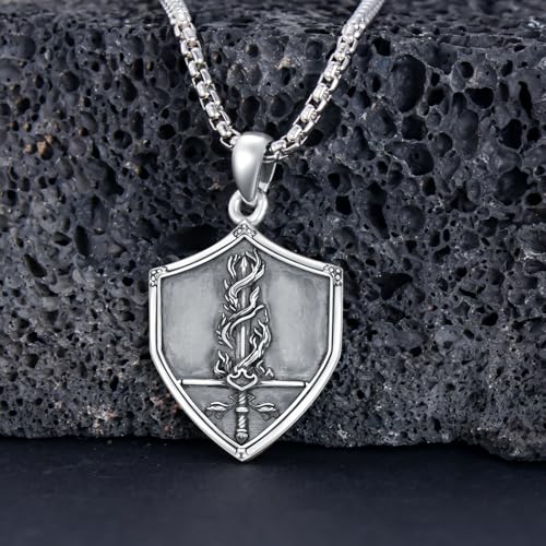 PELOVNY Sword and Shield Necklace 925 Sterling Silver Fire Sword Pendant Shield Jewelry for Fathers Day Birthday Christmas Gifts Men Women