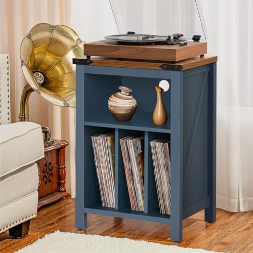 Joaxswe Record Player Stand with Vinyl Record Storage,Navy Blue Record Player Table Holds up to 160 Albums,Large Wood Turntable Stand Cabinet Dispaly Shelf for Living Room,Bedroom,Office