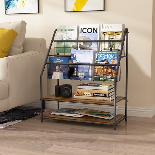 VECELO Magazine Holder Floor,2-Tier Metal Magazine Racks, Newspaper Display Stand with Board Shelves for Books and Brochure in Home Office,Shopping Malls,Indoor&Outdoor Place, Retro Brown