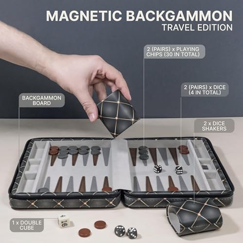 Magnetic Travel Backgammon Sets for Adults - Quality PU Leather Backgammon Board Game for Adults and Kids - 14" Travel Backgammon Board with 32 Magnetic Pieces in PU Leather Case