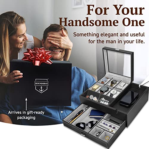 HOUNDSBAY Watch Box for Men & Mens Jewelry Box Organizer - Watch Box Organizer for Men - Watch Display Case - Valet Tray & Watch Holder Organizer for Men - Nightstand Organizer & Watch Stand