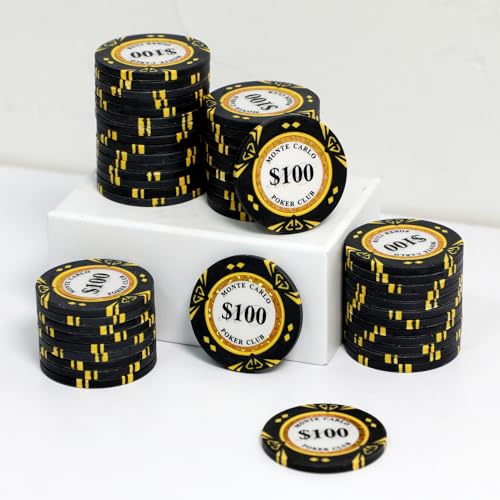 JIESITE 14 Gram Clay Poker Chips Monte Carlo Poker Chips Casino Grade Poker Chip for Texas Hold'em, Blackjack Poker Games Pack of 50 Pieces($100 Black)