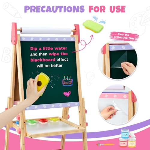 Kids Easel Including 100+ Accessories, Dual-Sided Wooden Easel for Kids Girls Age 3-12 with Magnetic Chalk & Painting Board, Free Height Adjustable Art Easel Supplies for Toddlers (Pink)