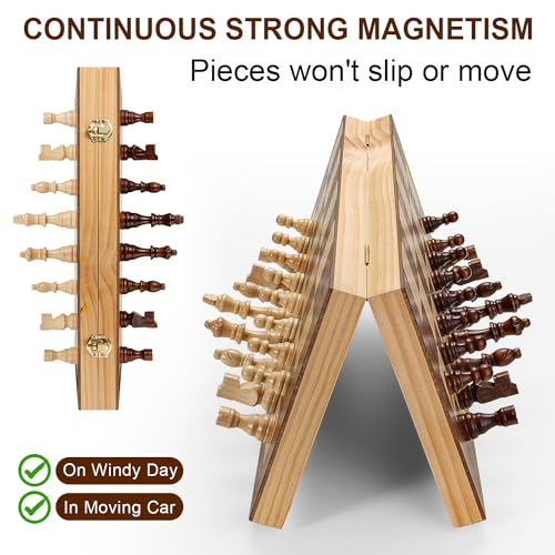 Magnetic Chess Board Set for Adults & Kids, 15" Wooden Folding Chess Boards, Handcrafted Portable Travel Chess Game with Pieces Storage Slots