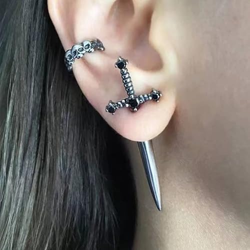 Gothic Sword Earrings for Women Men Cool Cross Earrings,Hiphop Dagger Sword Stud Earrings,Unique Retro Gothic Long Sword Hook Earrings Vintage Silver Punk Style Sword Dangle Drop Earrings(Black)