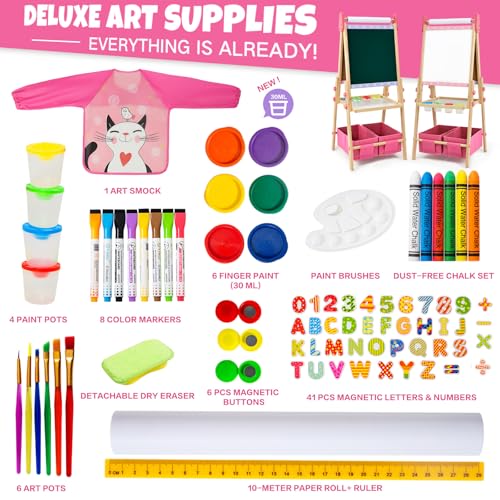 Kids Easel Including 100+ Accessories, Dual-Sided Wooden Easel for Kids Girls Age 3-12 with Magnetic Chalk & Painting Board, Free Height Adjustable Art Easel Supplies for Toddlers (Pink)