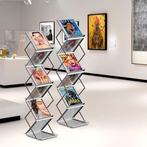 6 Pockets Foldable Aluminum Magazine Rack - Brochure Display Stand, Brochure Catalog Literature Display Stand with Carrying Bag for Exhibition, Trade Show, Office, Retail Store