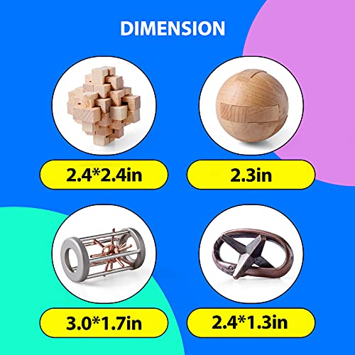 ActPo 4Pcs Wooden and Metal Puzzles Gift for Kids and Adult Educational Toys Office Toys 3D Unlock Interlock Assorted Brain Teasers Puzzles