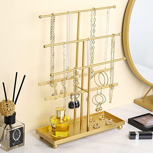 MyGift 5-Tier Gold Tabletop Metal Jewelry Necklace, Bracelet, Earring, Organizer with Ring Tray