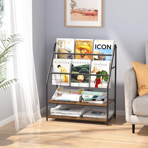 VECELO Magazine Holder Floor,2-Tier Metal Magazine Racks, Newspaper Display Stand with Board Shelves for Books and Brochure in Home Office,Shopping Malls,Indoor&Outdoor Place, Retro Brown