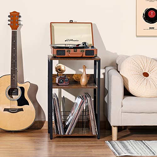 LELELINKY 3 Tier End Table,Record Player Stand with Storage Up to 100 Albums,Turntable Stand for Vinyl,Brown Records Shelf for Living Room Bedroom