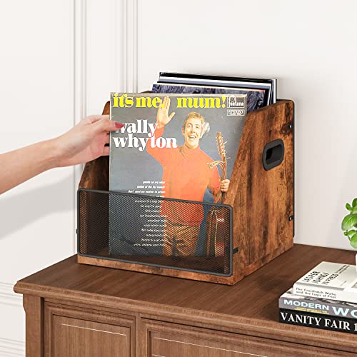 Homeiju Vinyl Record Storage, Vinyl Record Box Case Crate, Vinyl Record Album Holder, Desktop Metal & Wooden LP Record Crate, Holds up to 60 Records（Patent No.D1024563