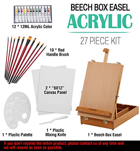 Falling in Art Beechwood Easel Box Set, 27 Pcs Tabletop Acrylic Paint Set, Portable Display Easel Stand with 12 Acrylic Paints, Canvas Panels and Brushes, Suitable for Beginners and Professionals