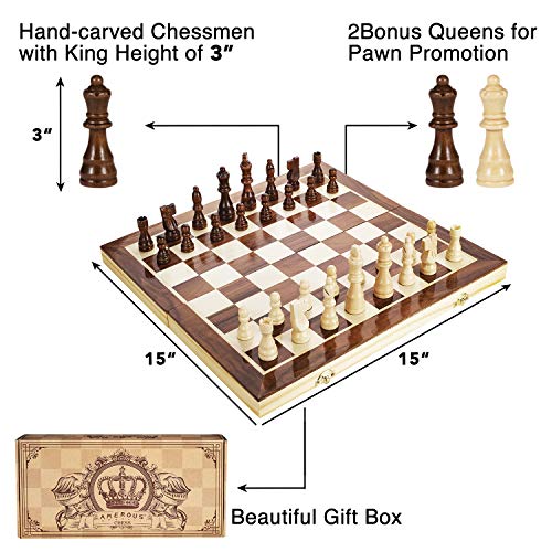 AMEROUS 15 Inches Magnetic Wooden Chess Set - 2 Extra Queens - Folding Board - Pieces Storage Slots, Handmade Portable Travel Chess Game - Beginner Chess Set for Kids, 6 up Age