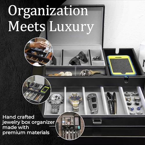 Mens Watch Box Leather Valet Tray - Bedside Table Organizer, Men's Jewelry Box, Watch Case for Men with Large Smartphone Charging Station - Jewelry Box for Men with Valet Box and Nightstand Organizer