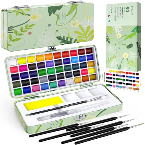 50 Colors Washable Watercolor Paint Set with 6 Brushes, Portable Travel Water Color Kit with Carrying Case, Palette and Accessories, Non-Toxic Art Supplies Gift for Artists Adult Teen Kids Girls Boys