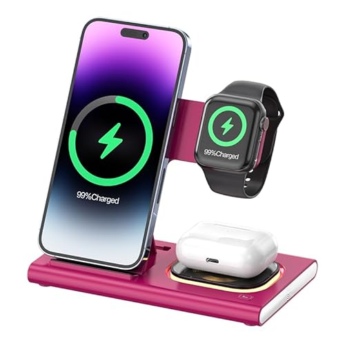 3 in 1 Wireless Charger Wireless Charging Stand 15W Fast Charging Dock Station for iPhone 15/14/13/12/11/8/SE/XR/X/XS Series and Air-pods 2/3/Pro for Apple-Watch Series (Pink)