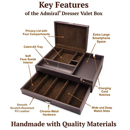 Mens Watch Box Leather Valet Tray - Bedside Table Organizer, Men's Jewelry Box, Watch Case for Men with Large Smartphone Charging Station - Jewelry Box for Men with Valet Box and Nightstand Organizer