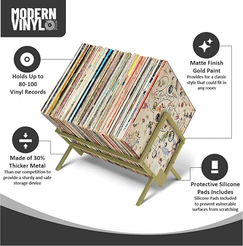 MODERN VINYL Record Holder - Gold Metal - 80-100 LP Storage - Simple, Quick Assembly - Vinyl Display, Storage - High-End Design - Protects Vinyl - Organize Albums - Book, Magazine, Files