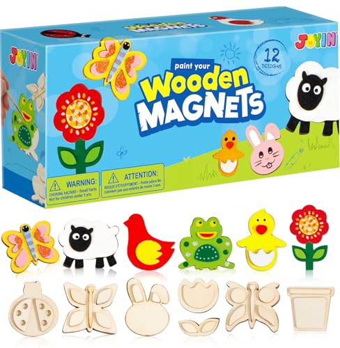 JOYIN 12 Wooden Magnet Creativity Arts & Crafts Painting Kit for Kids, Decorate Your Own Painting Gift for Easter Basket Stuffers, Birthday Parties and Family Crafts, Party Favors for Boys Girls