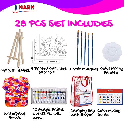 J MARK Pain Set for Kids – Acrylic Kids Painting Kit with Storage Bag, Washable Paints, Easel, Canvases, Brushes and More, Complete Kids Painting Set