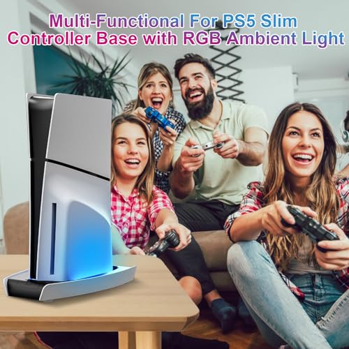 For PS5 Slim Controller Base with RGB Ambient Light, Multi-Functional Cooling Base Stand Holder for PS5 Slim Accessories,Colorful Vertical Lighting Base For PS5 Slim Game Console Disc&Digital Editions