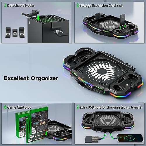 Cooling Stand with Top Fan for Xbox Series X Console - with 2 Rechargeable Battery, 4 Controller Holders and 2 Headphone Stands