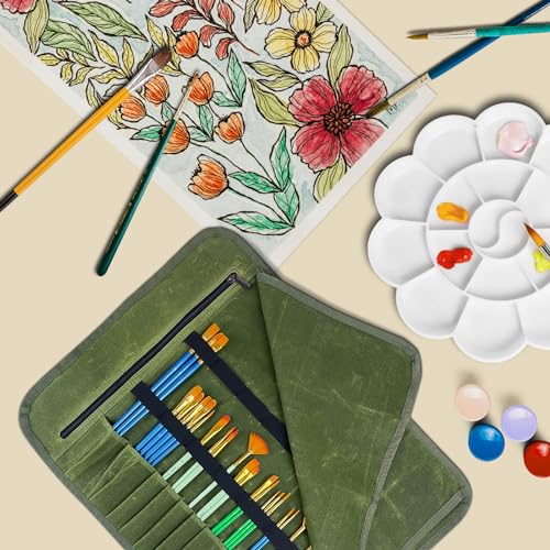 SANKOYO Paint Brush Organizer, Heavy Duty Waxed Canvas Paintbrush Holder Organizer, Watercolor Brush Holder, Paint Brush Storage, Protect Artist Paintbrushes, Pencils, Pens, Markers and Art Tools.