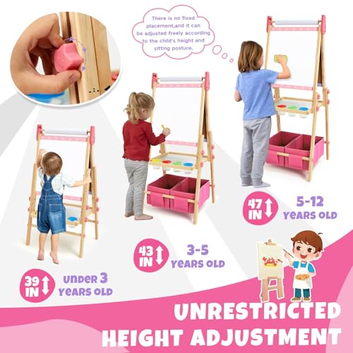 Kids Easel Including 100+ Accessories, Dual-Sided Wooden Easel for Kids Girls Age 3-12 with Magnetic Chalk & Painting Board, Free Height Adjustable Art Easel Supplies for Toddlers (Pink)