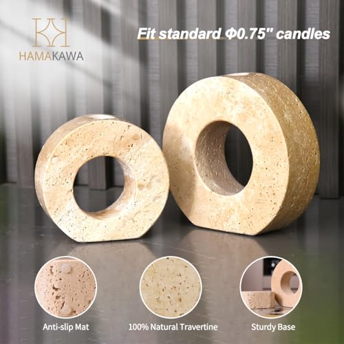 HAMAKAWA Marble Candle Holders Set of 2, Natural Beige Travertine Stone Candlestick Holders fit Φ0.75 Inch Taper Candle, Candle Stand Decor for Home, Dinner, Party, Wedding