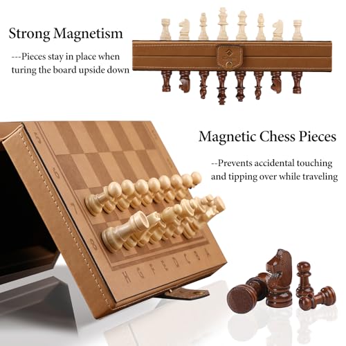 Rinten Chess Set Board for Kids & Adults, 12" Travel Magnetic Chess & Checkers Folding Board 2 in 1 Sets, Portable Folding Leather Chess Boards with 3 Velvet Bag Packaging Pieces