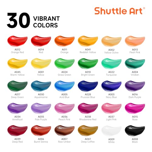 Shuttle Art 46 Pack Acrylic Paint Set, 30 Colors Acrylic Paint with 10 Brushes 3 Canvas 1 Knife Palette Sponge, Complete Gift for Kids, Adults, Beginners, Painting Wood, Ceramic