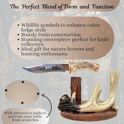 BestGiftEver Carved Handle Decorative Deer Buck Blade Knife with Faux Antler Display Stand Hunting Cabin Home decoration