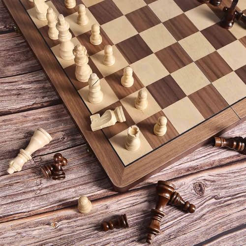 ELONGDI 15" Wooden Chess Set with Magnetic Pieces - Extra Queens - Folding Chessboard Portable Travel Tournament Chess Board Games for Adults Kids