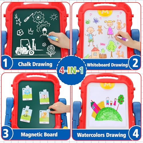 Kids Easel for Toddlers Age 2-4 Art Magnetic White Board & Chalkboard Double Side Adjustable Stand Drawing Writing with Flash Cards Learning Educational Toy for 2 3 4 Year Boys Girl Birthday Gifts