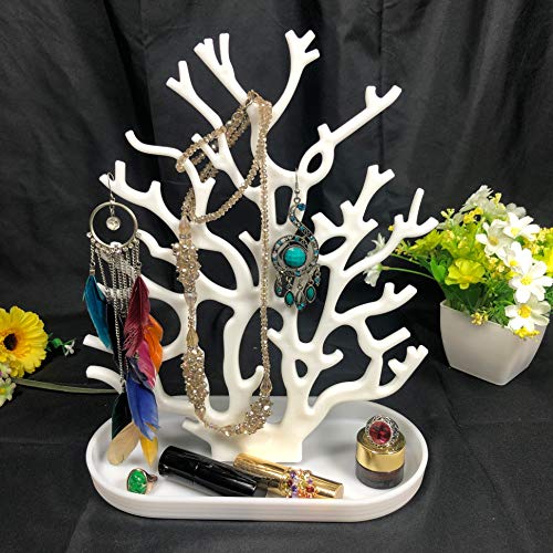 NewFerU Coral Tree Jewelry Hanging Stand Display Table Top Necklace Bracelet Holder Earring Hanger Organizer Rack Tower with a Ring Watch Dish Tray for Women Girls (White)