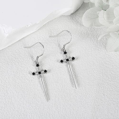 Sword Earrings 925 Sterling Silver Gothic Dangle Drop Earrings Cool Goth Jewelry Gift for Women Men