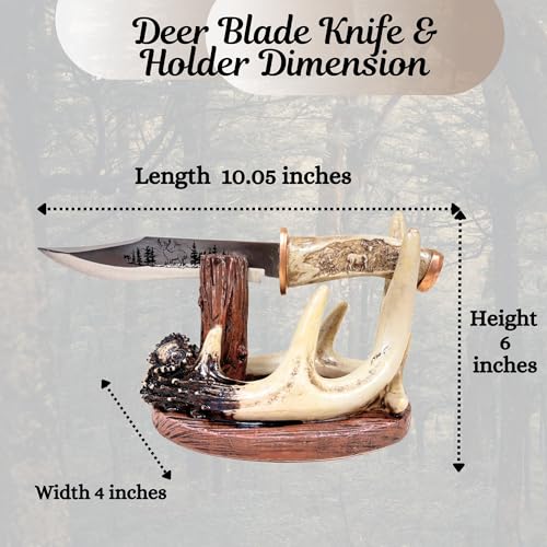 BestGiftEver Carved Handle Decorative Deer Buck Blade Knife with Faux Antler Display Stand Hunting Cabin Home decoration