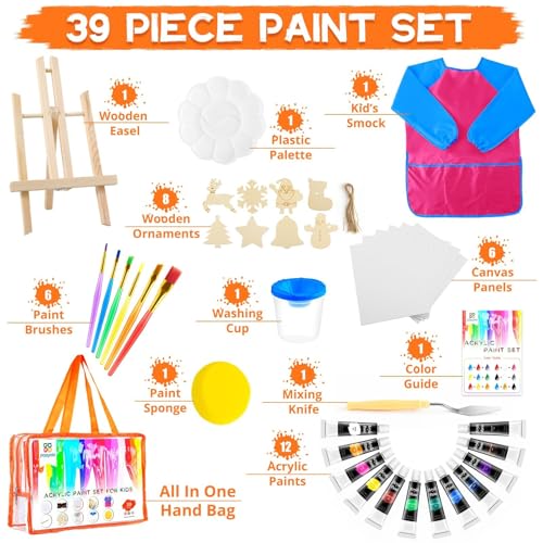 POPYOLA Acrylic Paint Set for Kids, Non Toxic Kids Painting Set with Tabletop Easel, Acrylic Paints, Smock, Canvases, Wooden Stencils, Brushes, Painting Kit Gift for Beginner Student Toddlers