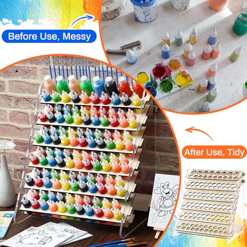 DoubleFill Wooden and Acrylic Paint Organizer Paint Holder Paintbrush Storage Miniature Model Paint Rack Painting Stand Can Hold 123 Bottle & 22 Brush for Christmas Gifts