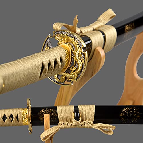 Handmade Gold Blade Japanese Samurai Sword Hand Etching engrave Gold Dragon Katana Full Tang Sharp Can Cut Bamboo Trees (Gold Dragon Katana)