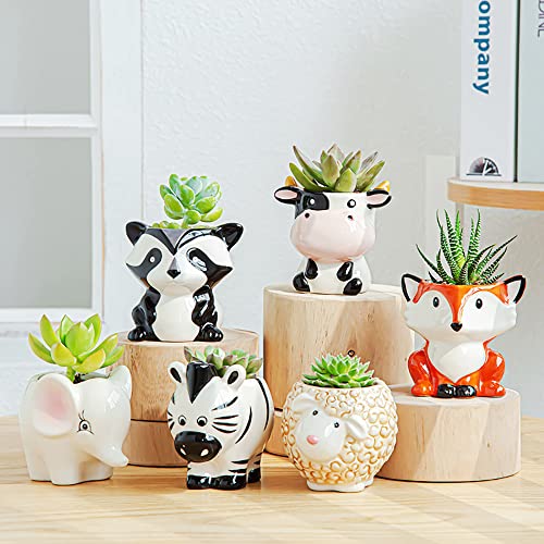 DIYOMR Cute Animal Ceramics Planter Small Succulent Pot Cartoon Shaped Plant Pot for Mini Plants Flower Cactus, Smooth Shiny Ceramic - Plants Not Included (Cow)