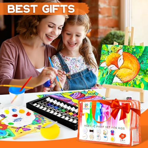 POPYOLA Acrylic Paint Set for Kids, Non Toxic Kids Painting Set with Tabletop Easel, Acrylic Paints, Smock, Canvases, Wooden Stencils, Brushes, Painting Kit Gift for Beginner Student Toddlers