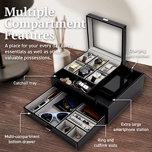 HOUNDSBAY Watch Box for Men & Mens Jewelry Box Organizer - Watch Box Organizer for Men - Watch Display Case - Valet Tray & Watch Holder Organizer for Men - Nightstand Organizer & Watch Stand