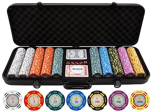 Versa Games 13.5 Gram Poker Chips - Clay Poker Chips Set - 500 Piece Crown Casino Poker Set with Numbers Denomination - New Upgraded Poker Case