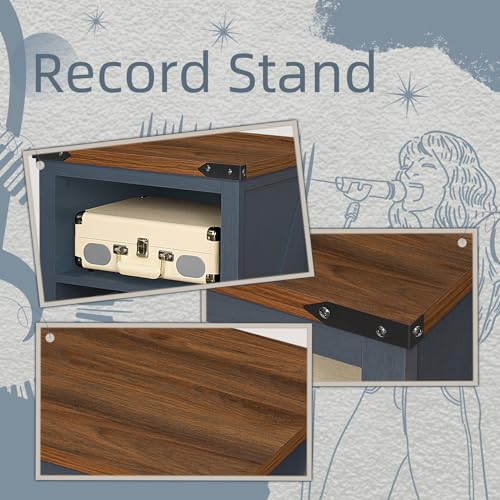 Joaxswe Record Player Stand with Vinyl Record Storage,Navy Blue Record Player Table Holds up to 160 Albums,Large Wood Turntable Stand Cabinet Dispaly Shelf for Living Room,Bedroom,Office