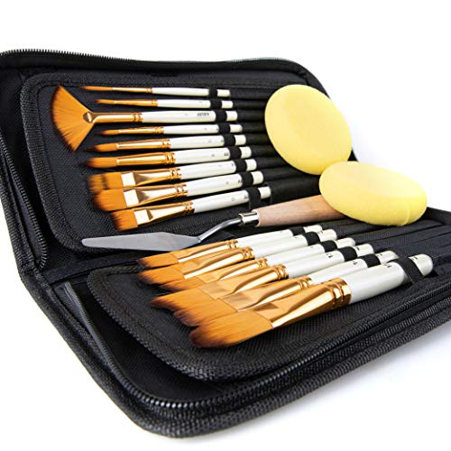 18 Piece Paint Brush Set, ARTIFY 15 Acrylic Paint Brushes, Palette Knife, and 2 Sponges, Professional Artist Paint Brushes for Acrylics, Watercolors, Gouache, Canvas, and Face Painting, Pearl White